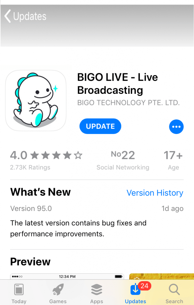 Click Update to update BIGO LIVE 
