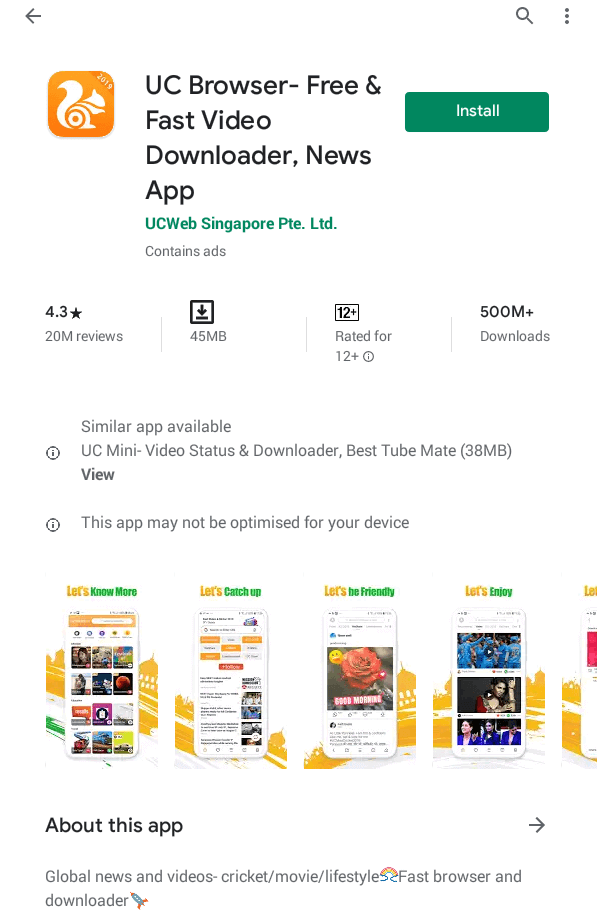 UC Browser App info page